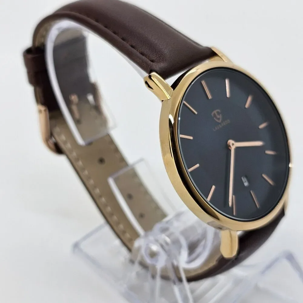 Men's Watch 40MM‎ Gold Case Blue Dial Brown Leather Band Straps Date Indicator
